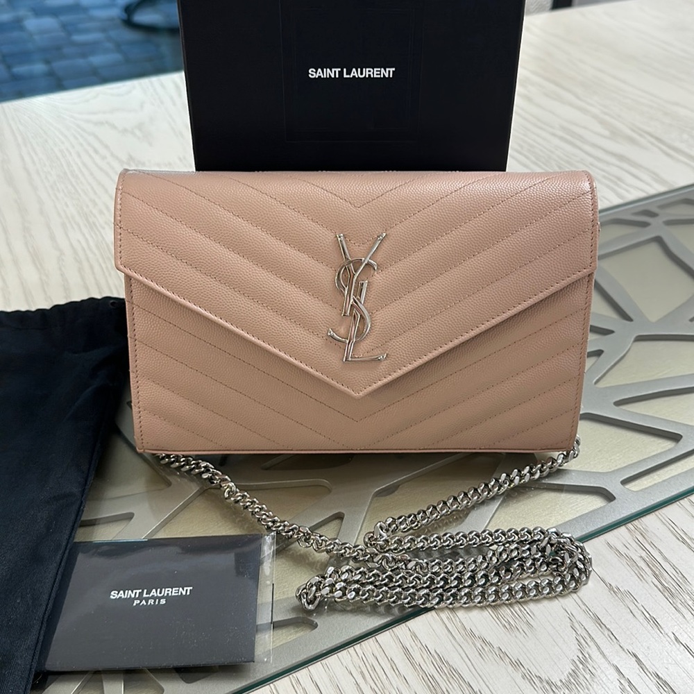 Saint Laurent- YSL Monogram Large Wallet on Chain in Grained Leather